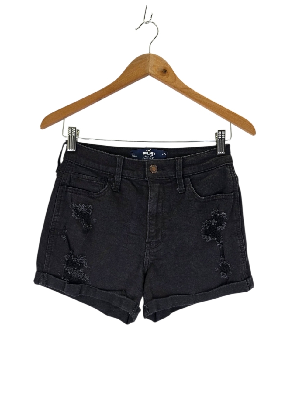 Hollister Junior's Black Denim Jean High Rise Short 3" Distressed Stretch Size 5